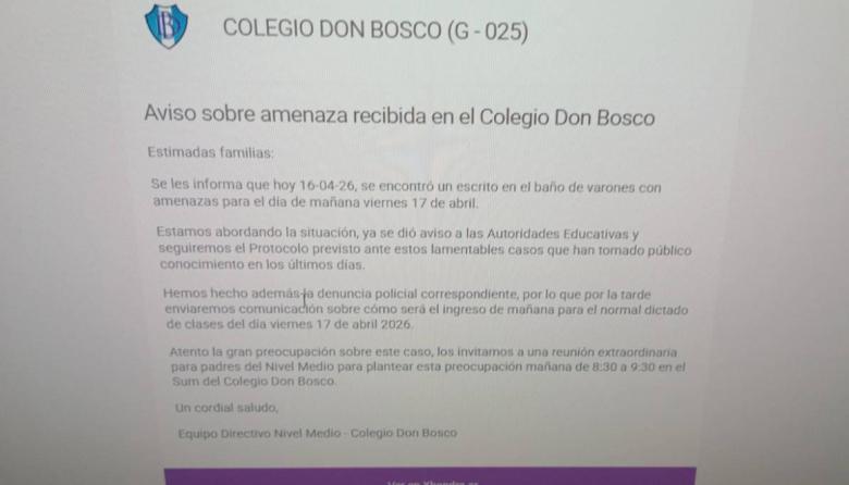 Amenaza de tiroteo en el Don Bosco: encontraron un escrito en el baño y la escuela activó el protocolo