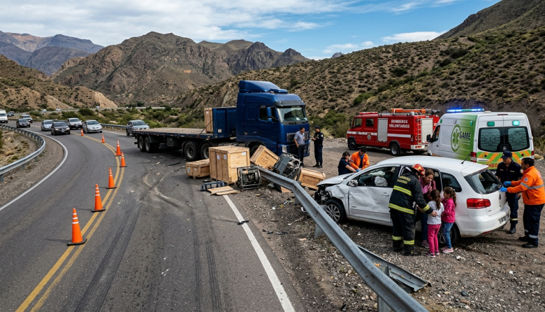 Ruta 40: un camión perdió la carga en una curva y provocó un siniestro con una familia adentro del auto