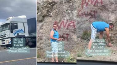 ​​​​​​​(Video) Un camionero vandalizó Valle Encantado con aerosol y amenazó con agresión a quien lo increpó