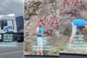 ​​​​​​​(Video) Un camionero vandalizó Valle Encantado con aerosol y amenazó con agresión a quien lo increpó